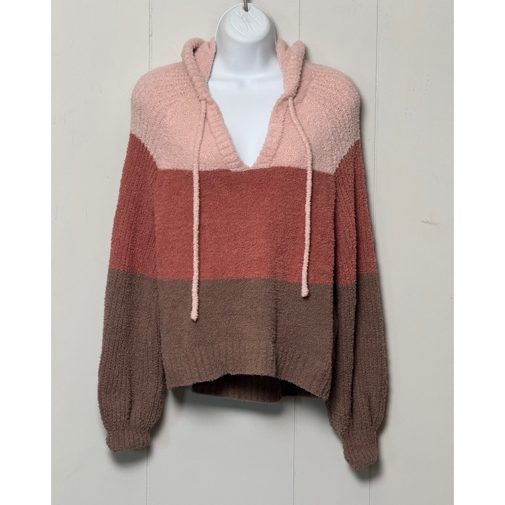 SO Women's Colorblock Popcorn Knit Hoodie Sweater Pink Mauve Brown Size Large